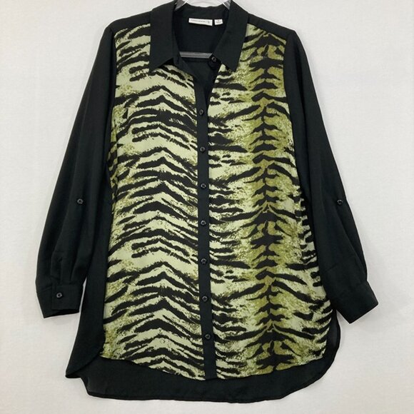 Susan Graver size 10 Black Green Animal Print Long Sleeve Button Up Tunic Office - Picture 1 of 11